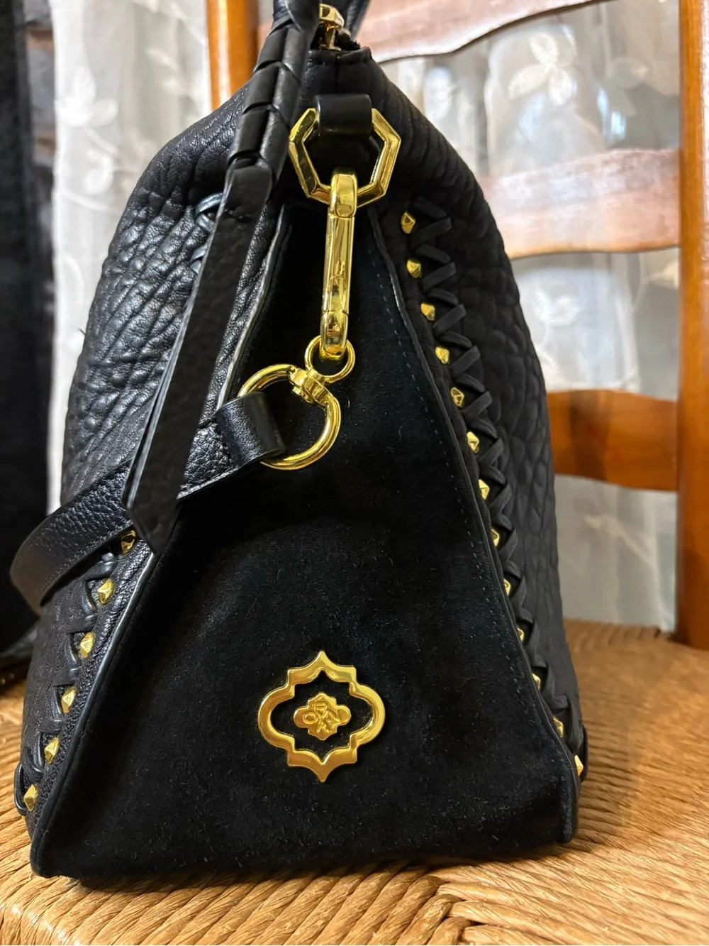 orYANY Black Pebbled Leather Studded Satchel Crossbody Bag